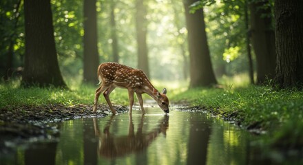 deer drinking from forest stream
