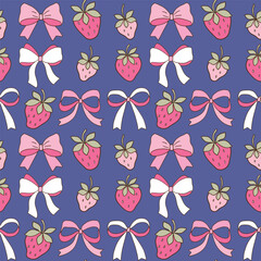Seamless vector pattern with bows and strawberries. Hand drawn baby girl background. EPS 10 vector file. Perfect for textile, wallpaper or nursery print design.