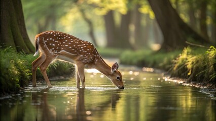 deer drinking from forest stream
