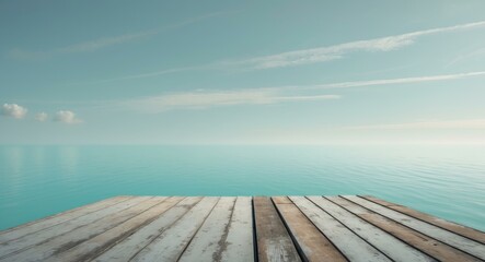 Fototapeta premium Serene Sea View from a Wooden Dock, Calming Waters and Blue Sky Horizon Landscape.