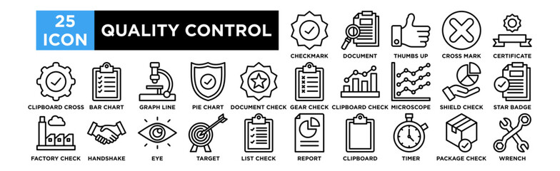 Quality control icon collection set. Checkmark Badge, Magnifying Glass Document, Thumbs Up, Cross Mark, Certificate Ribbon
