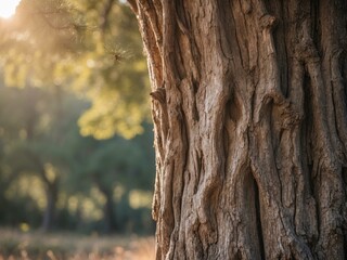 Fototapeta premium Textured Tree Trunk CloseUp in a Forest, Capturing Natures Beauty and Golden Light.