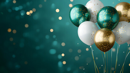 Elegant Happy Birthday background with a rich emerald green gradient, decorated with glossy gold, green, and white helium