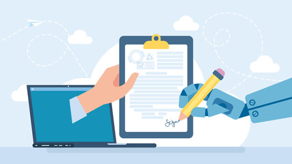 Robot hand holding pen signature document signing up contract in laptop app, humanoid sign agreement. Artificial intelligence digital futuristic technology concept. Flat illustration