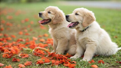 cute golden and cream puppies outdoors
