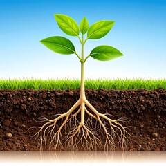 A vibrant green seedling with leaves above ground and detailed roots below soil, representing growth, sustainability, and natural development.