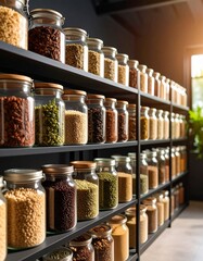 A modern, well-organized pantry with rows of glass jars filled with colorful dried legumes and seeds, neatly arranged on black shelves.