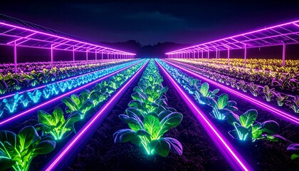 Rows of crops illuminated by neon pink, blue, and green LED lights in a modern greenhouse at night, creating a surreal and colorful farming environment.