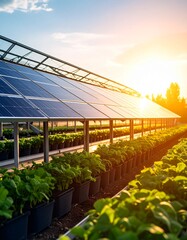 A sustainable greenhouse powered by solar panels grows lush green plants in neat rows under a glowing sunset, symbolizing eco-friendly farming.