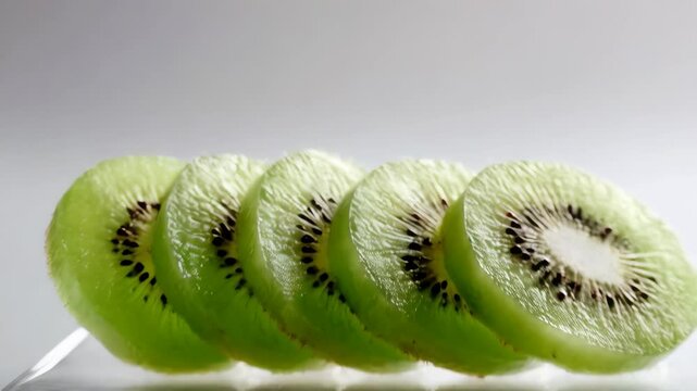 Close-up of fresh kiwi fruit slices arranged in a row, showing green flesh, black seeds, and white center