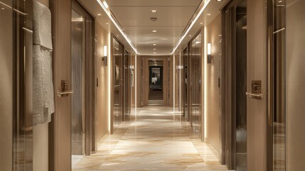 Naklejka premium Empty corridor in a luxury office space with sleek wooden accents and crystal-clear glass partitions