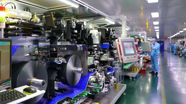 Technicians or workers in uniform work at high-tech factory environment industrial automation precision robot arm mass production line, new rechargeable electric battery power energy electric vehicles