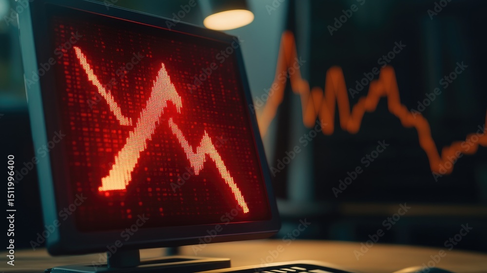 Poster financial dashboard with red alerts and critical error indicators on screen
