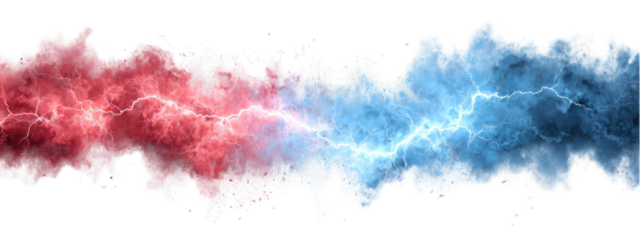 Abstract graphic of opposing forces, depicted as red and blue clouds with streaks of lightning