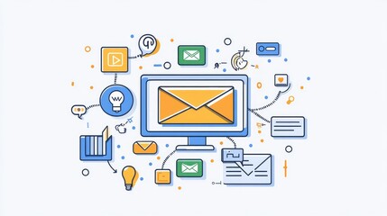 Flat design of connected icons symbolizing digital promotion via blog, social media, and email outreach