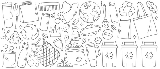 Hand drawn eco-friendly lifestyle elements in doodle style. Includes zero waste items, solar panels, reusable products and recycling icons. 