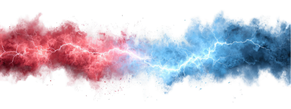 Abstract graphic of opposing forces, depicted as red and blue clouds with streaks of lightning