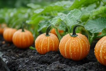 Orange pumpkin with water droplets growing high resolution picture