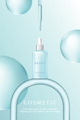 Cosmetic product ads template on blue background with serum in arched glass tube.