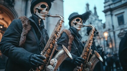 Obraz premium Spooky Saxophone Serenades: Skeleton Musicians in City Streets