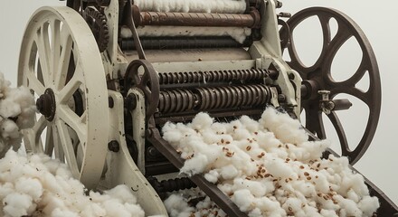 Antique cotton gin machine with cotton