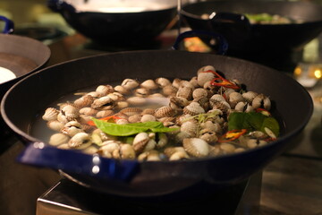 Steamed Clams with Fresh Herb Garnish. Prawns seafood platter