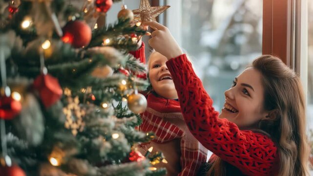 A smiling mother holds her child up to place a star on their Christmas tree. They are standing in front of a window with a snowy view outside. The tree is decorated with lights and ornaments.