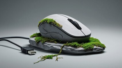 Computer Mouse Covered in Moss on Stone Base