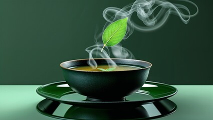 Steaming Green Tea with Leaf Floating Above Cup