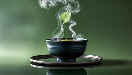 Steaming Green Tea with Leaf Floating Above Cup