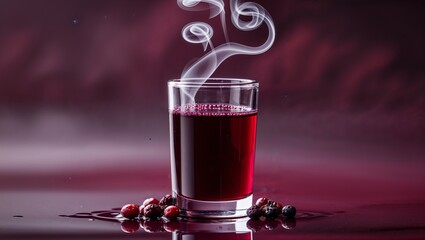 Steaming Berry Juice in Glass with Dark Red Background