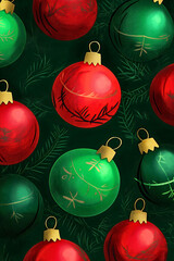 Closeup of shiny red, green, and gold Christmas baubles hanging on a pine tree branch, a vibrant and festive holiday decoration background