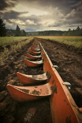 Close-up of a heavy orange plow cultivating a field under a dramatic cloudy sky, agricultural machinery for food production in a rural landscape