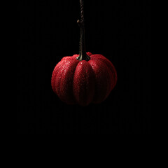 Bright red pumpkin glows against black background