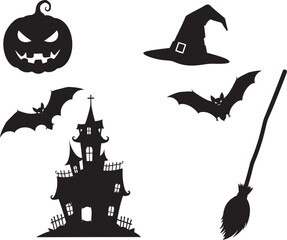 Obraz premium Silhouette Illustration of Pumpkin, Witch Hat, Bats, Haunted House, and Broom for Autumn Designs