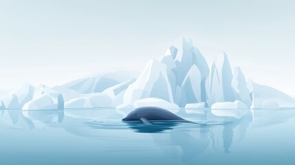 A whale swims peacefully in icy blue waters with large icebergs in the background under a clear sky.