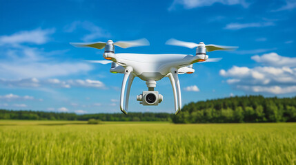 A professional quadcopter drone with a camera flying over a green field, capturing aerial photography of the landscape