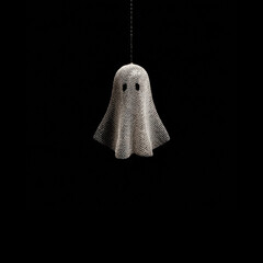 Handmade ghost decoration hangs in dark space