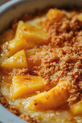 Closeup of a homemade pineapple crumble with a golden brown streusel topping, a delicious warm and sweet comfort food dessert