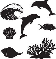 Silhouette Ocean Life Vector Illustration Black Background Marine Animals and Sea Elements Design for Creative Underwater Projects