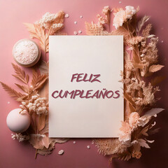 Tarjeta o pancarta para desear un feliz cumpleaños en color rosa en un rectángulo blanco y alrededor de las flores secas una vela en tonos rosa, beige y blanco sobre un fondo rosa degradado.