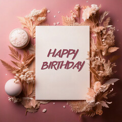 card or banner to wish a happy birthday in pink in a white rectangle and around the dried flowers a candle in shades of pink, beige and white on a gradient pink background