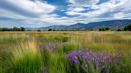 A beautiful, sun-drenched spring summer meadow. Natural colorful panoramic landscape with many wild flowers of daisies against blue sky. A frame with soft selective focus.