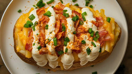 A delicious loaded baked potato topped with cheese, bacon, and sour cream, a hearty and indulgent American comfort food dish