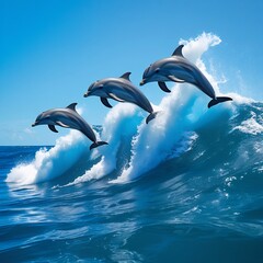 Three dolphins leap over a large ocean wave.