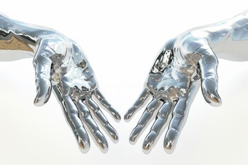 Fototapeta na wymiar Two hands Chrome material shiny white background electronics.