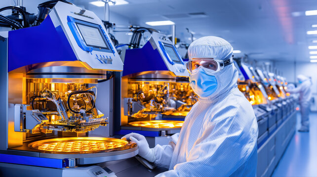 High-tech factory worker monitoring automated production line in sterile environment
