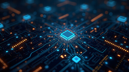 Obraz premium Green electronic circuit board with computer chips and processor, a macro view of digital technology hardware