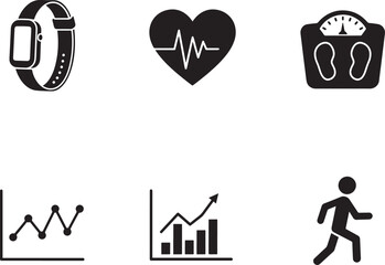 Silhouette Style Fitness Tracker Illustration Set Heart Scale Graph Black Background Vector Design Elements for Projects