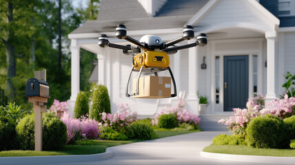 Drone delivering package to suburban home